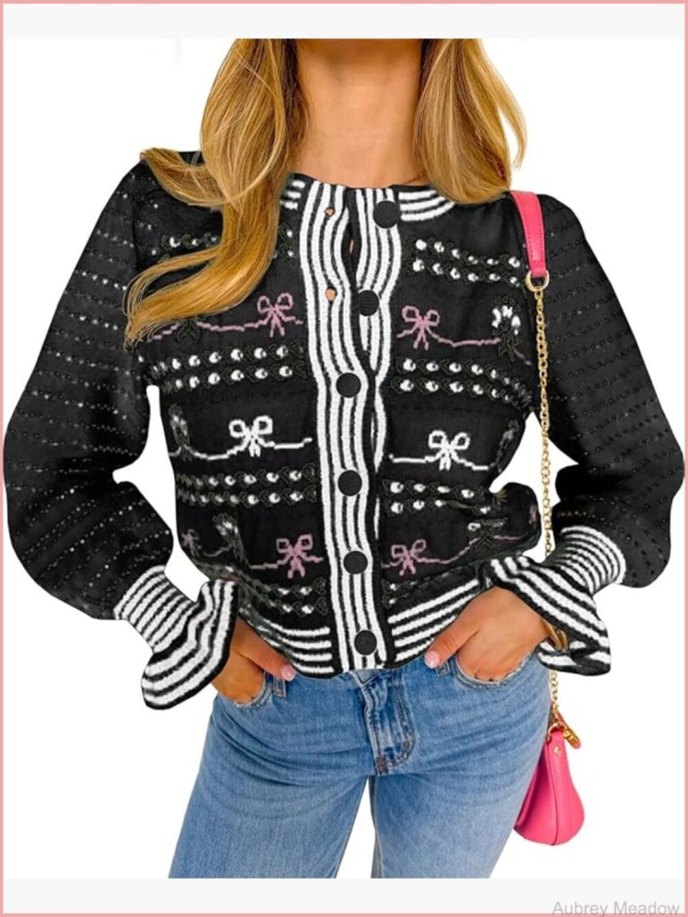 Cropped Cardigan Striped Puff Sleeve Cute Graphic Bow Knitted Sweater Outerwear